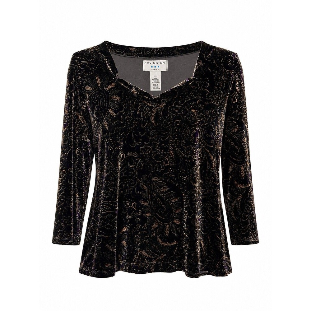 Covington Stretch Velvet Paisley Top Women’s Medium Black Purple Gold 3/4 Sleeve